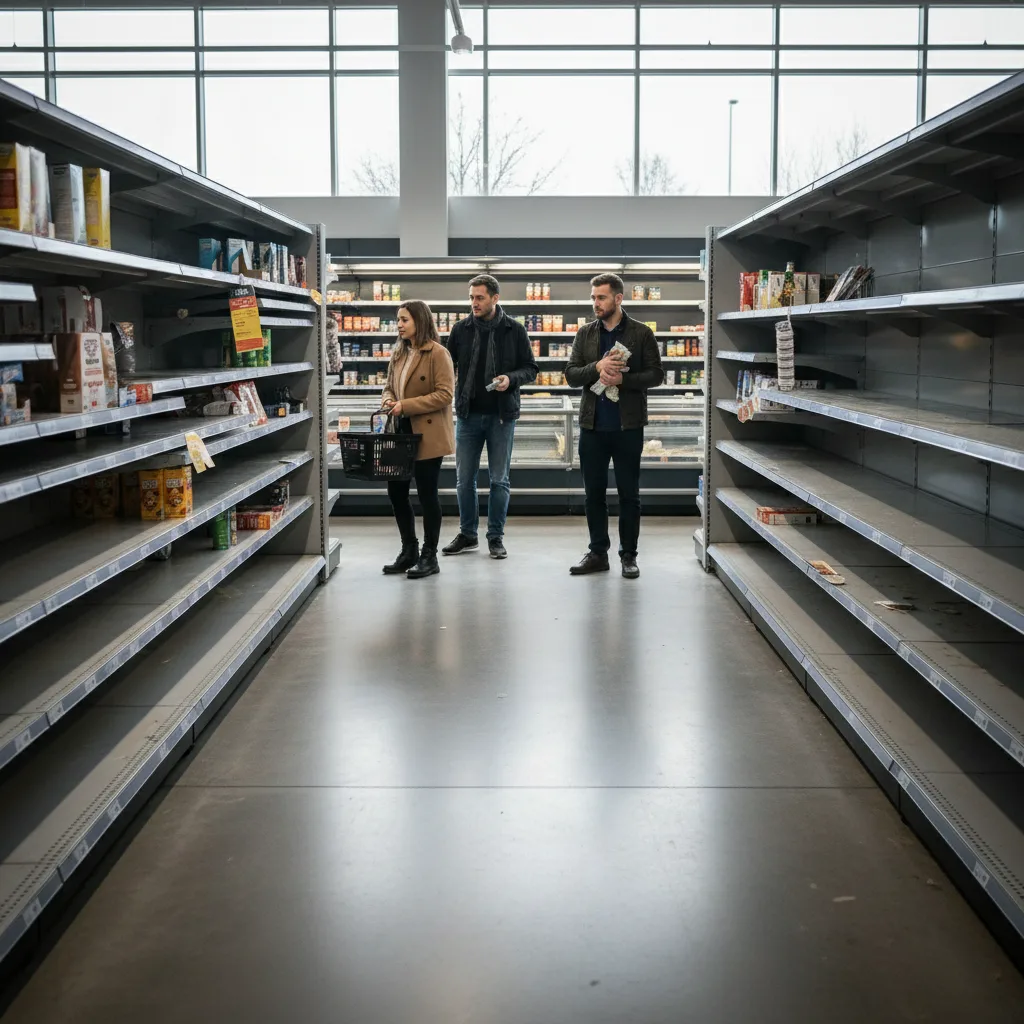Empty supermarket shelves due to trade restrictions.