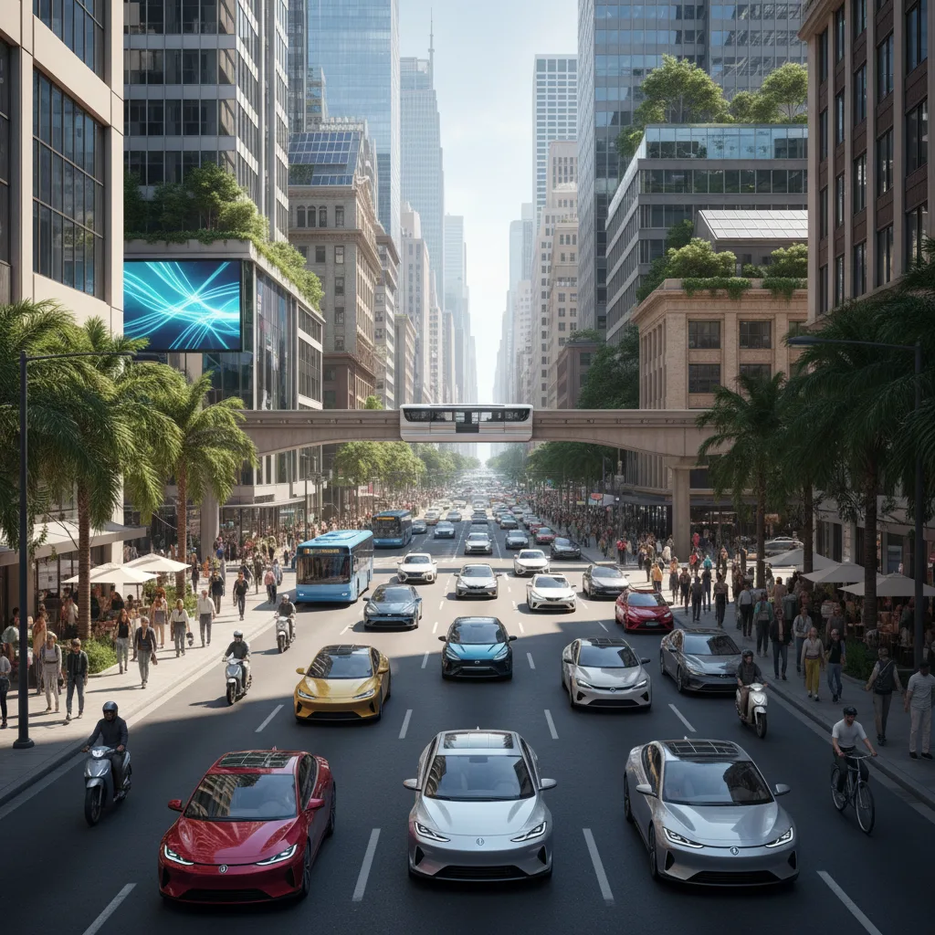Diverse electric vehicles on a busy city street, showing widespread adoption.