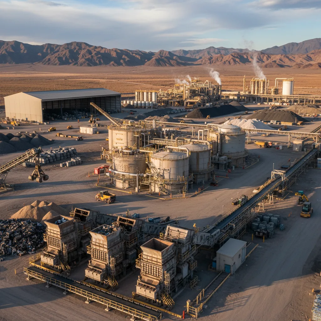 Industrial scene showing battery recycling or raw material processing for EVs.