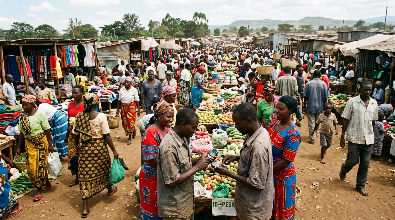 Scène de marché au Kenya, avec des personnes utilisant l'argent mobile.