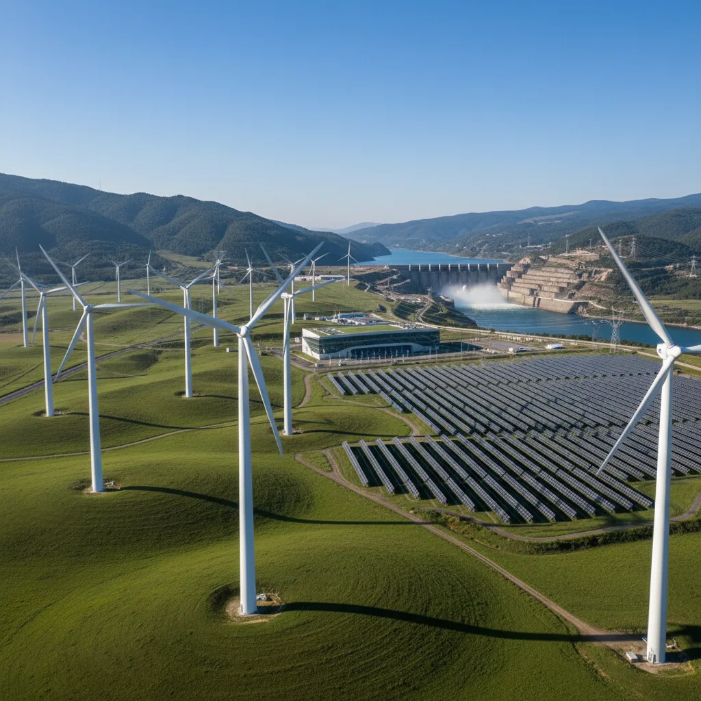Paesaggio energetico rinnovabile: turbine eoliche, pannelli solari e diga idroelettrica.