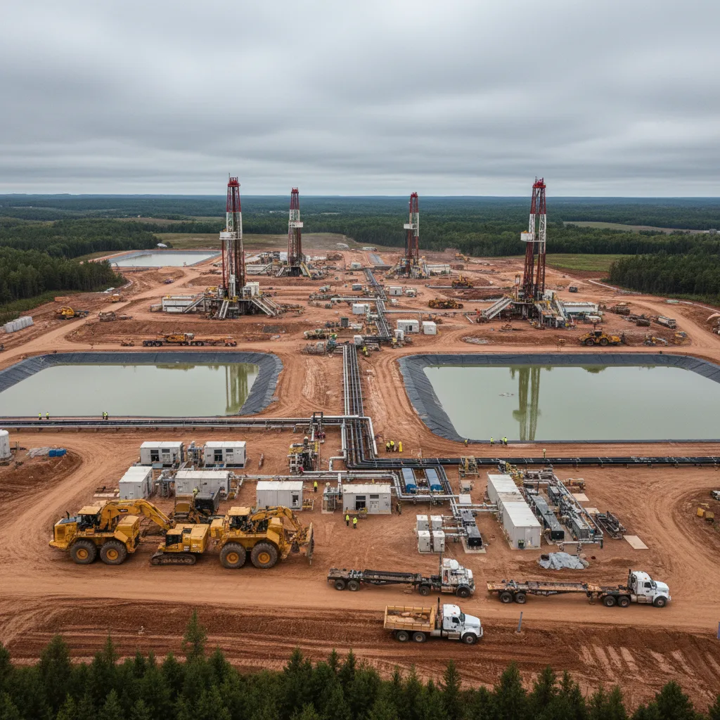 Sito industriale di fracking con macchinari pesanti, che mostra l'impatto ambientale.