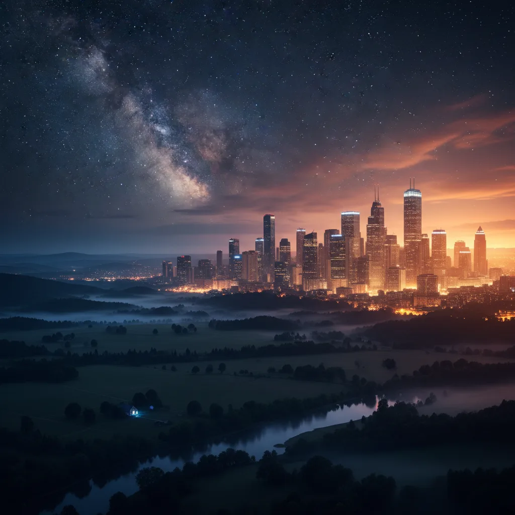 Città che brilla di calore di notte, in contrasto con un paesaggio rurale fresco.