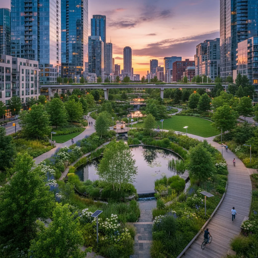 Parco urbano verde con alberi che rinfrescano una città moderna.