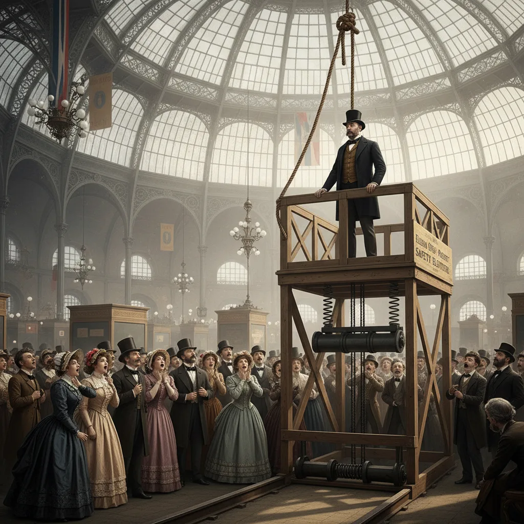 Elisha Otis dimostra l'ascensore di sicurezza al Crystal Palace, 1853.