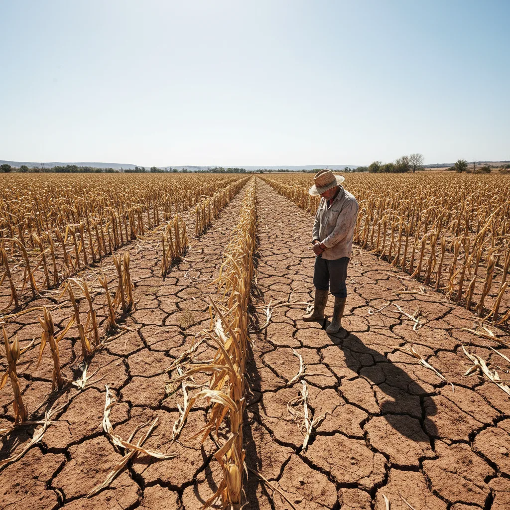 Terre desséchée, cultures flétries et un agriculteur en difficulté dans une région frappée par la sécheresse.