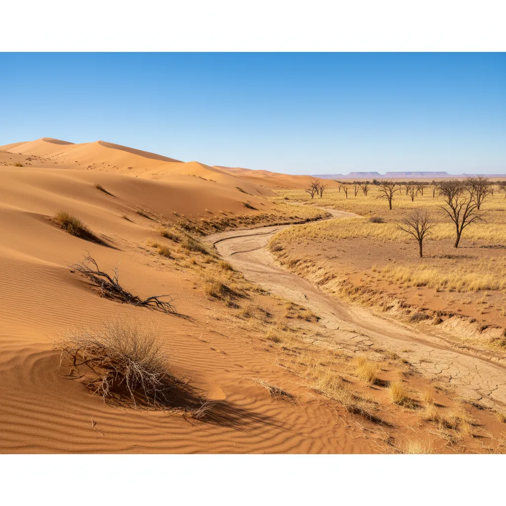 Vaste désert empiétant sur des terres autrefois fertiles, montrant l'impact de la désertification.