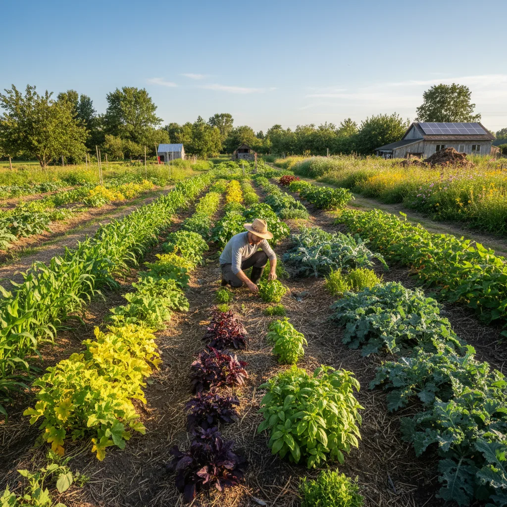 Ferme agroécologique luxuriante et diversifiée, présentant des méthodes de production alimentaire durable.