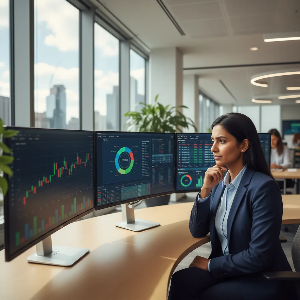 Profesional analizando datos de mercado, identificando tendencias futuras.