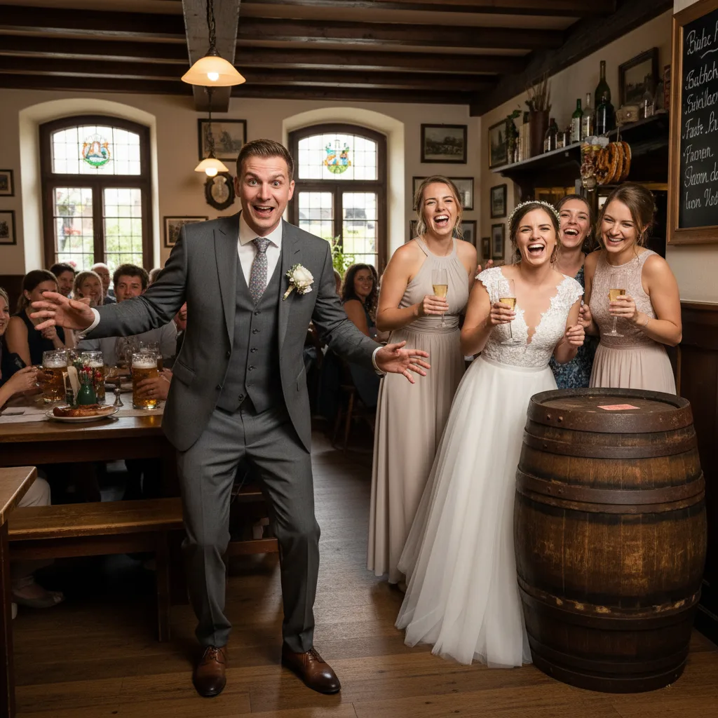 Sposo tedesco cerca giocosamente sposa e amici in un pub.
