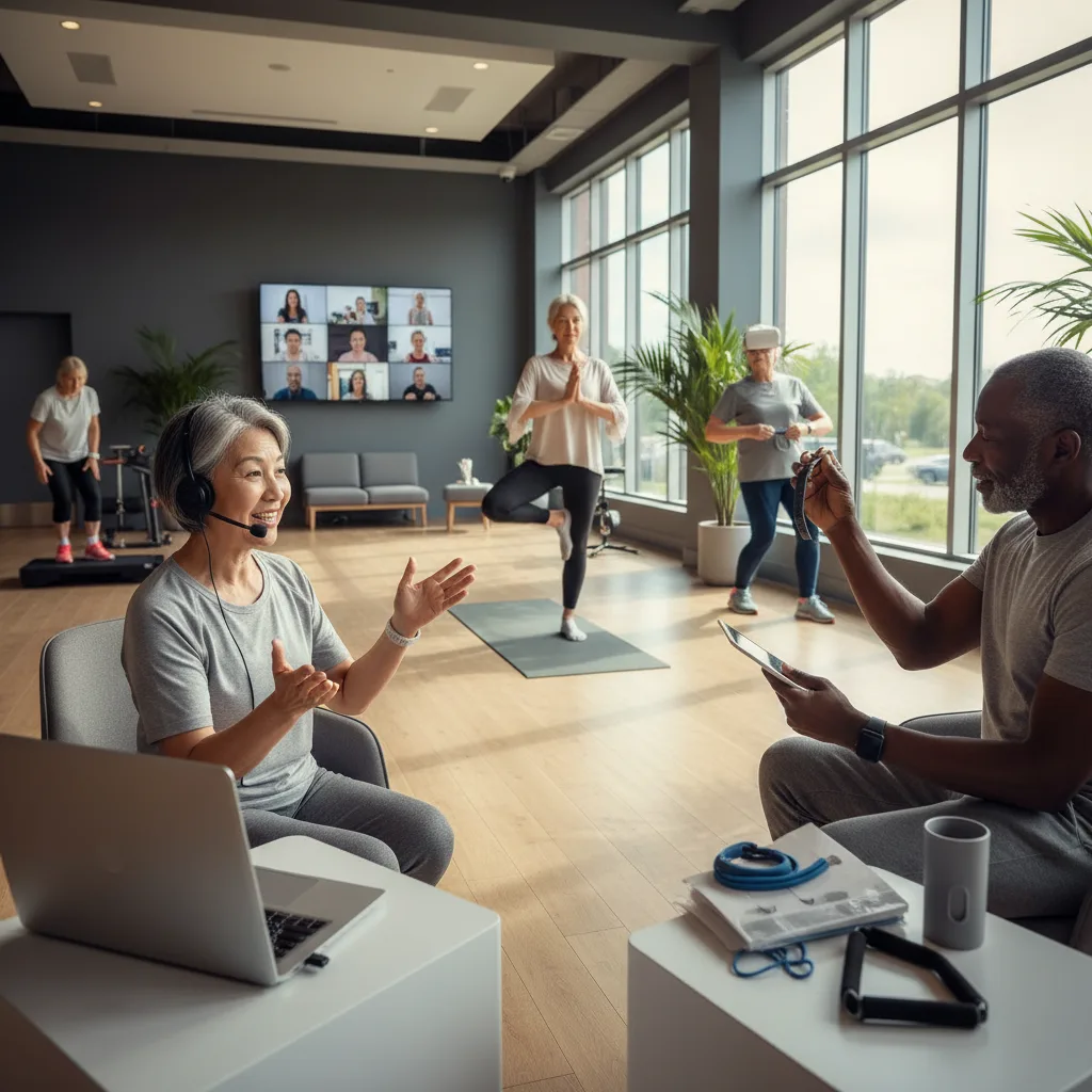 Adultos mayores diversos utilizando tecnología fitness para actividades complementarias, combinando salud e ingresos.