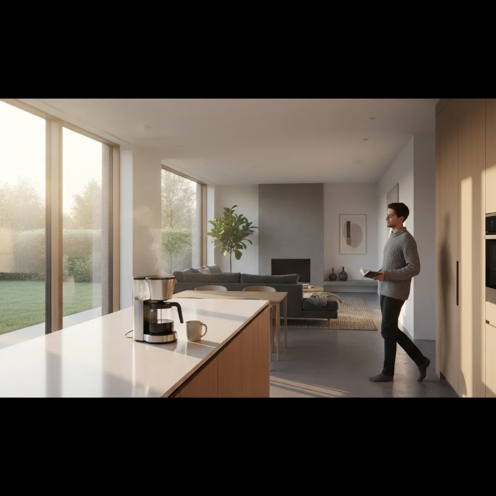 La smart home anticipa la routine mattutina, preparando il caffè e regolando le luci.