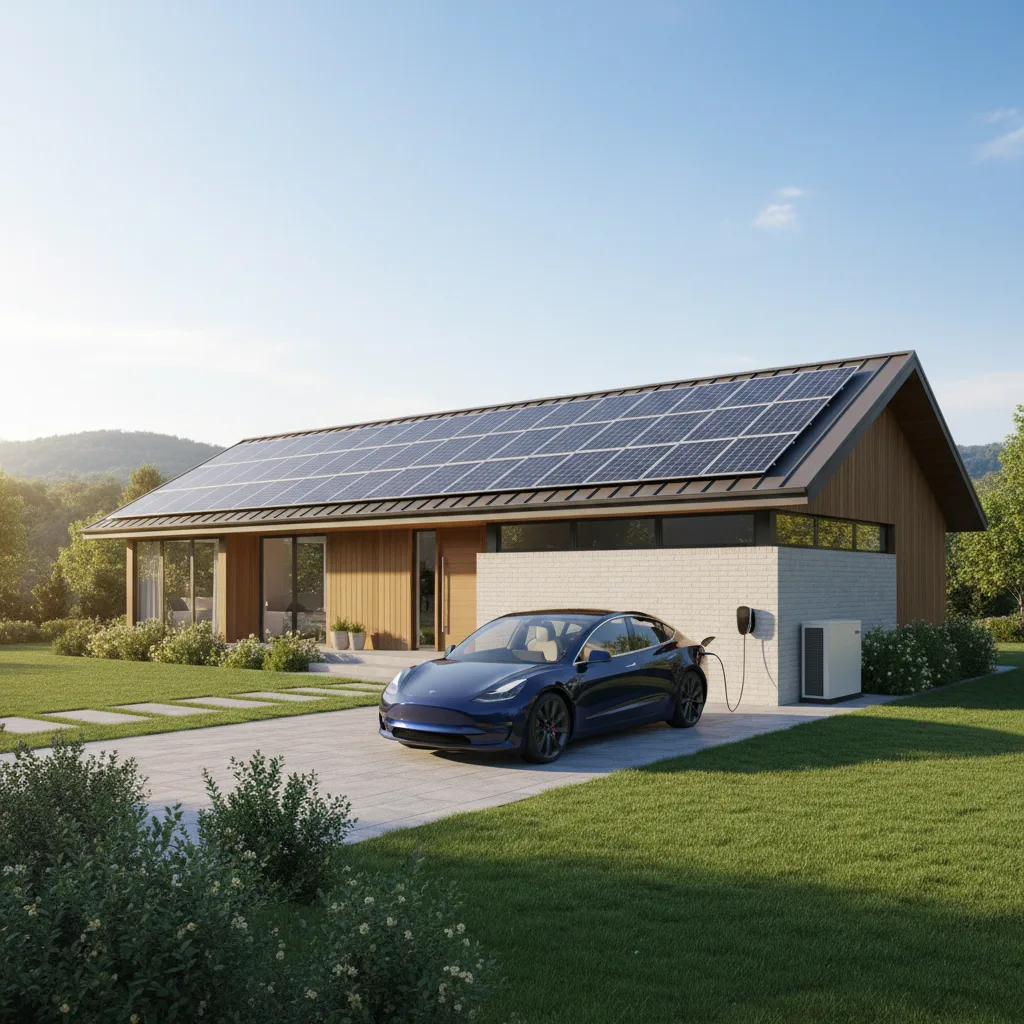 Casa moderna con pannelli solari, ricarica per veicoli elettrici e accumulo di energia integrato.