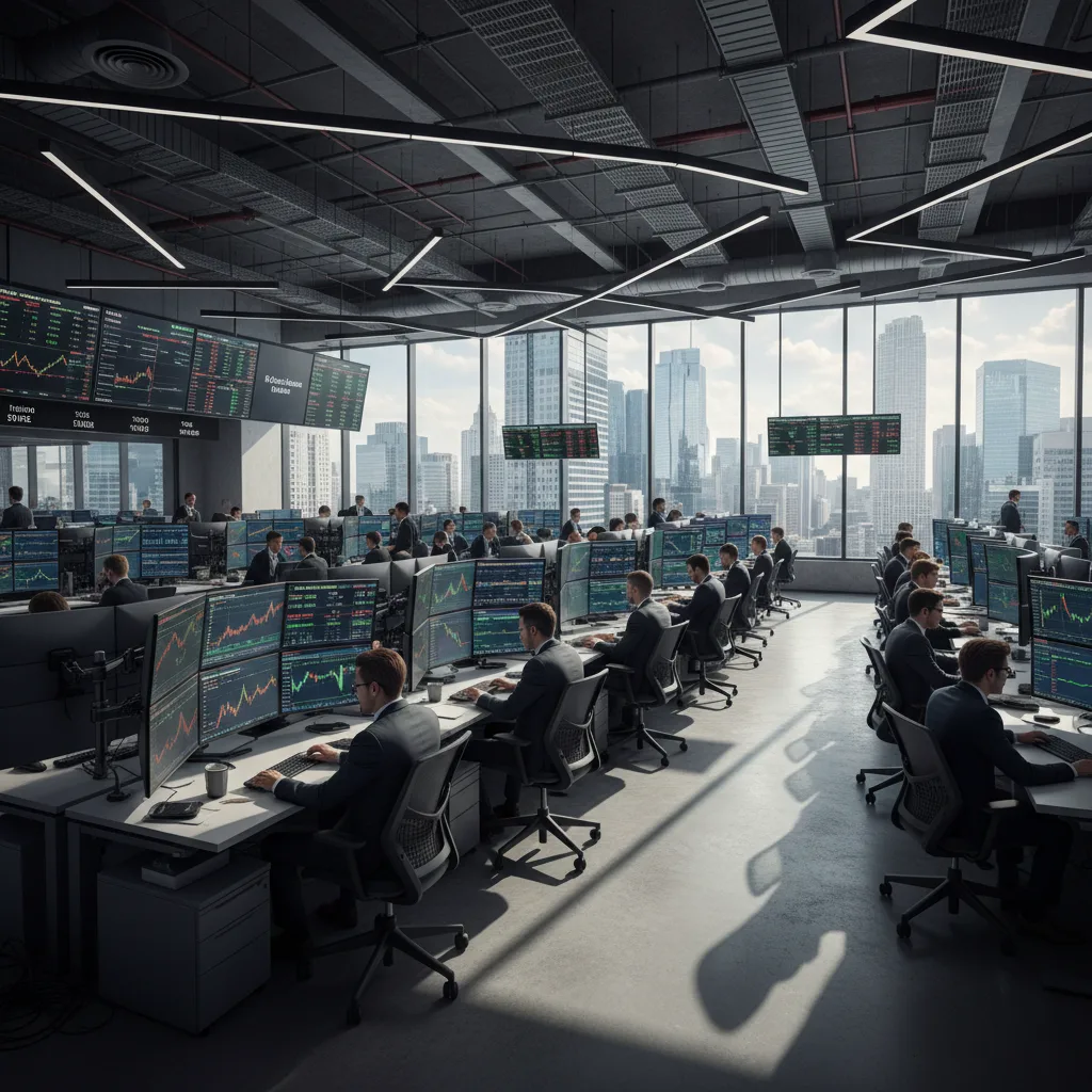Centro financiero global con traders, pantallas mostrando volatilidad del mercado.