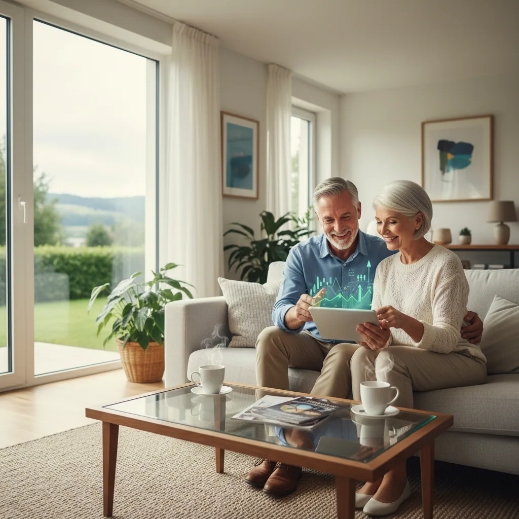 Pareja de ancianos planificando la jubilación, revisando inversiones en criptomonedas en una tablet.