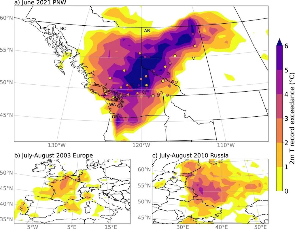 L'ondata di calore del Pacifico nord-occidentale del 2021 ha frantumato i record di temperatura, con Lytton, Columbia Britannica, che ha raggiunto 49,6 °C (121,3 °F) poco prima di essere in gran parte distrutta da un incendio boschivo.