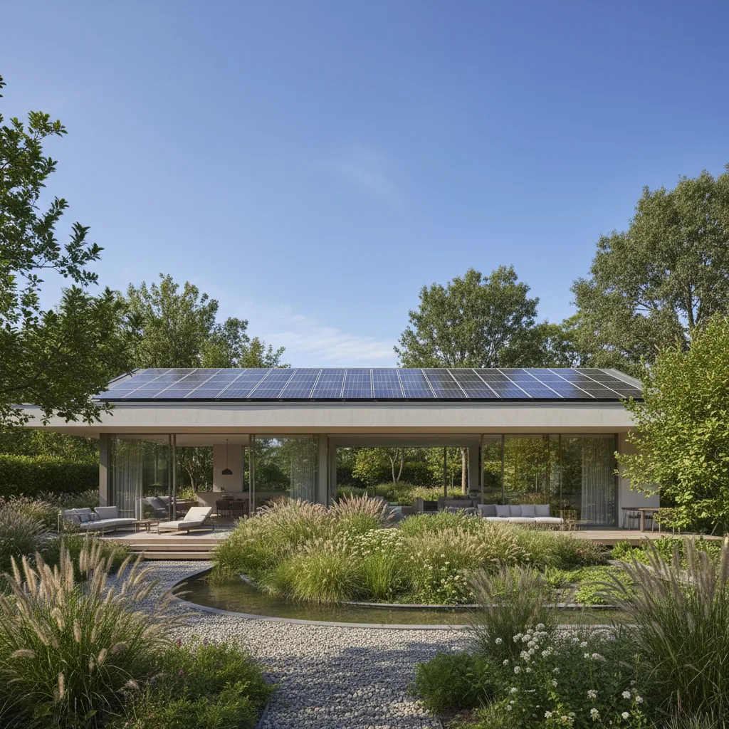 Modern home with rooftop solar panels generating clean energy.