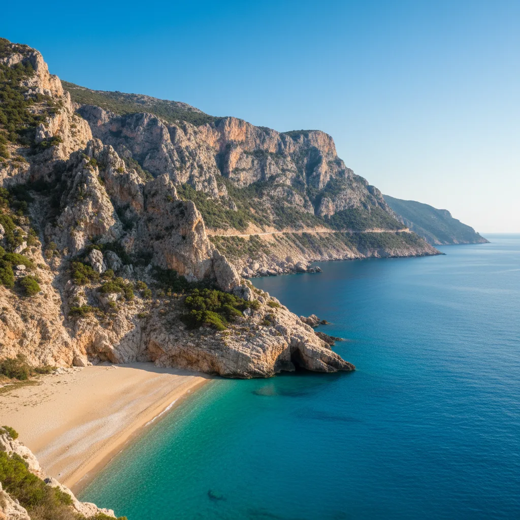 Splendida costa della Riviera Albanese con acque turchesi e scogliere aspre.