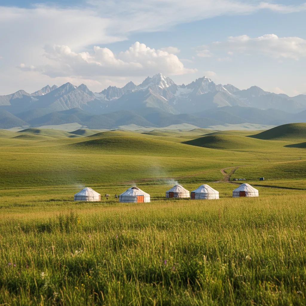 Yurte nomadi in vaste e verdi steppe montane kirghise.