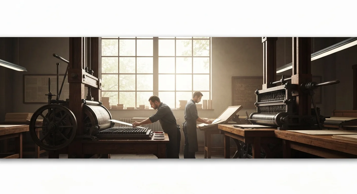 Presse à imprimer historique en fonctionnement, diffusant le savoir.