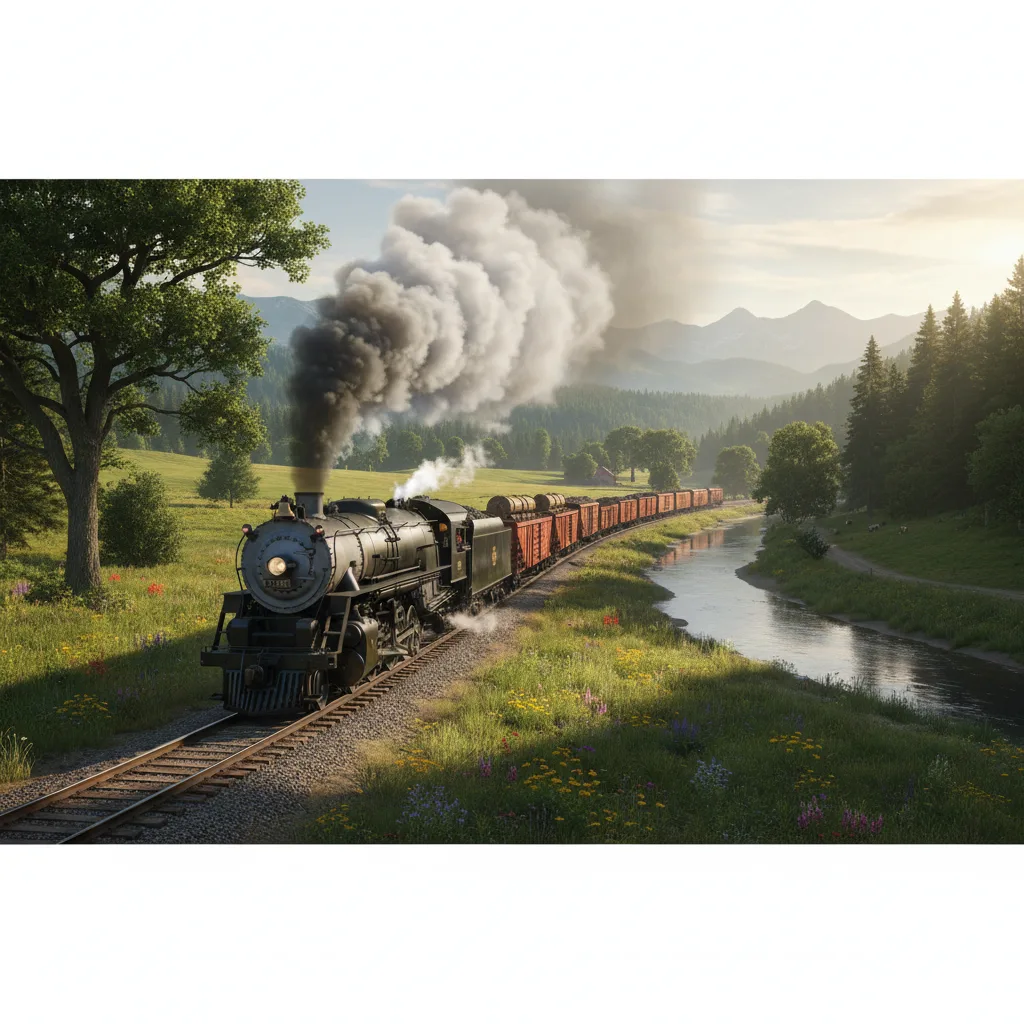 Puissante locomotive à vapeur transportant des marchandises à travers un paysage.