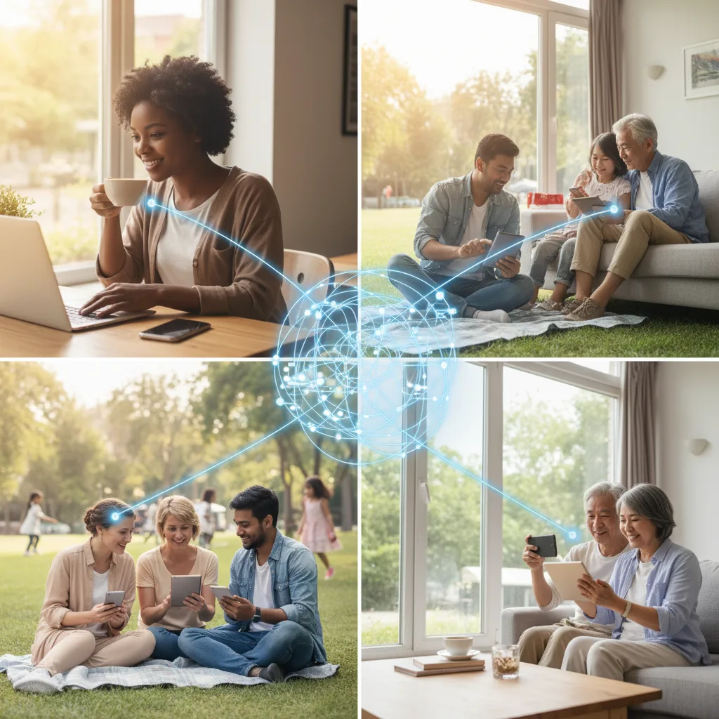 Diverses personnes se connectant mondialement via des appareils numériques.