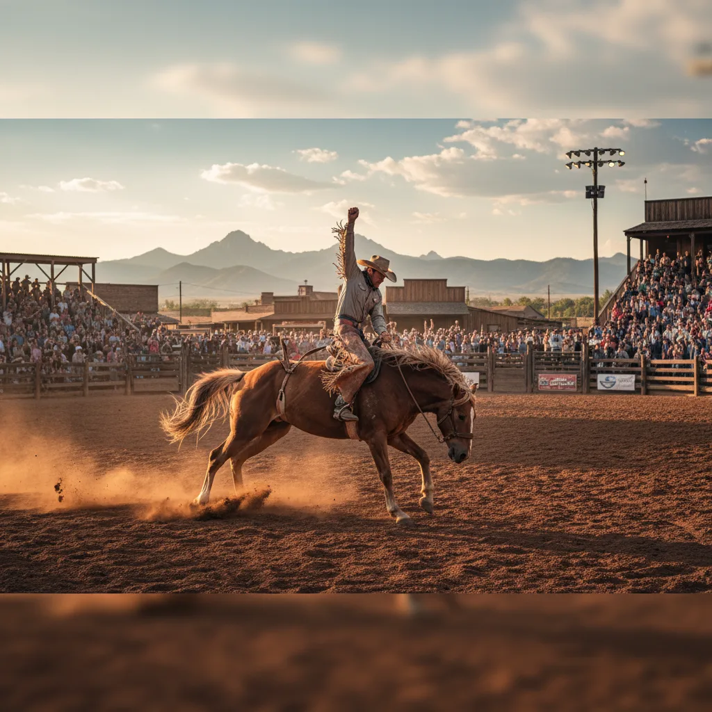 Cow-boy chevauchant un bronco dans une arène de rodéo bondée.