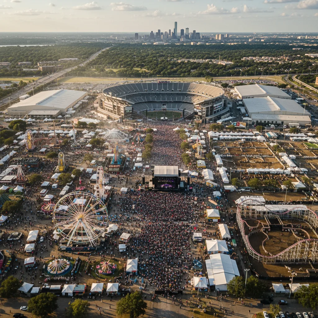 Vue aérienne du NRG Park animé par les activités du Houston Rodeo.