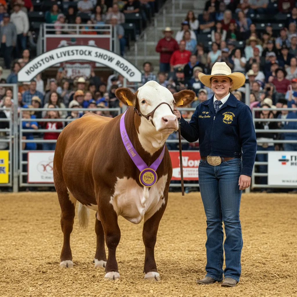 Jeune étudiant présentant fièrement un bœuf champion au Houston Livestock Show.