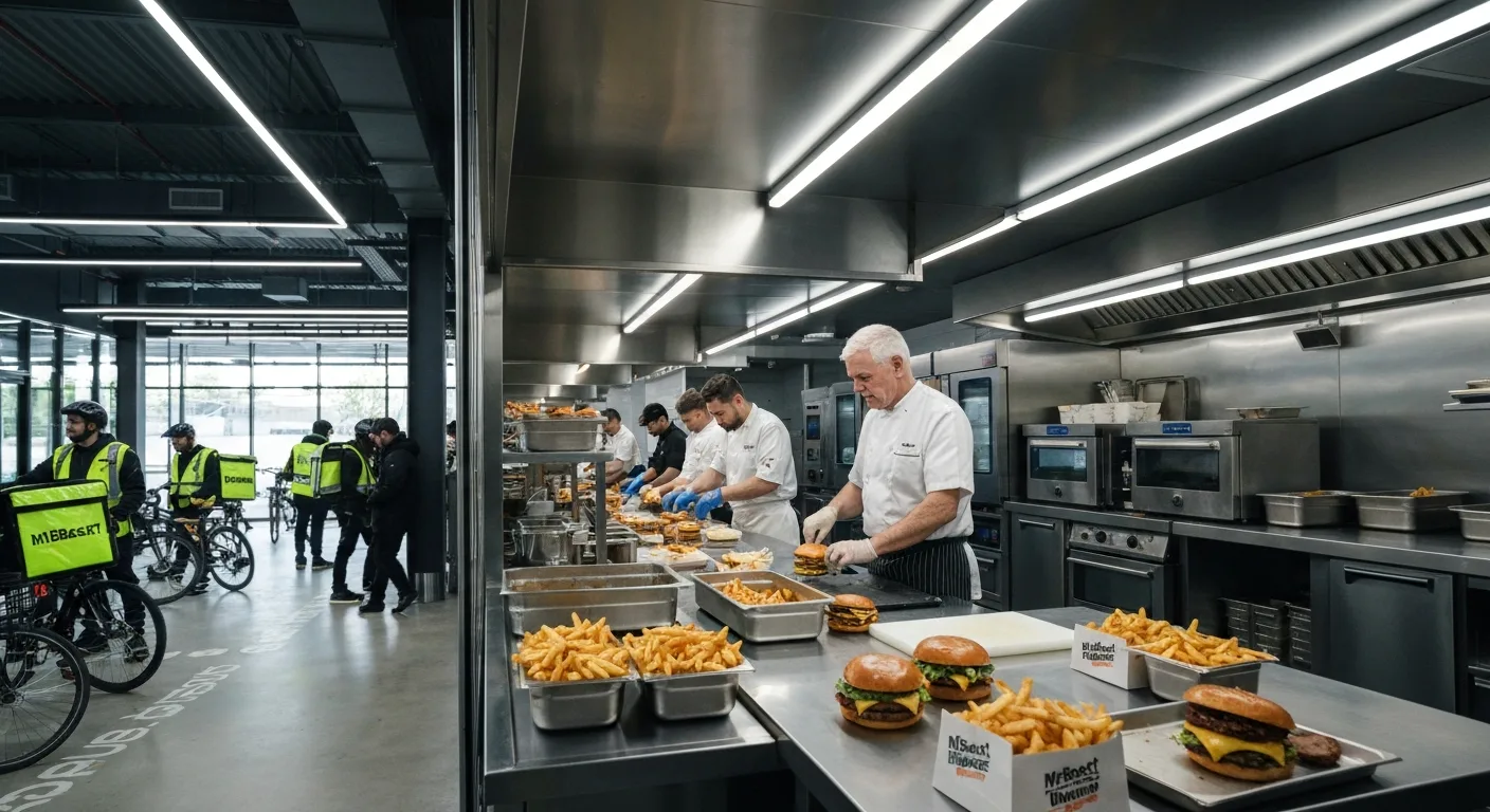 Pasti MrBeast Burger in preparazione in una trafficata ghost kitchen.