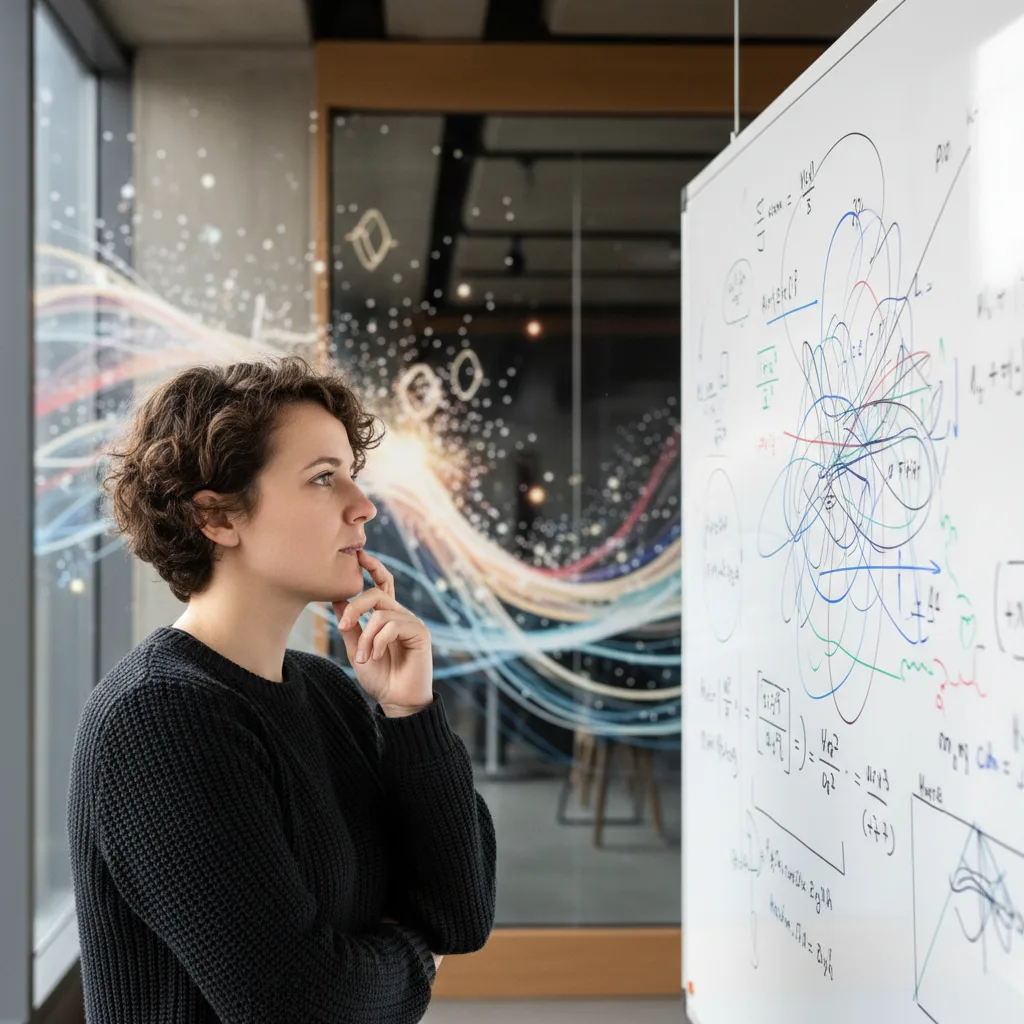 Personne contemplant la nature abstraite de la physique quantique.