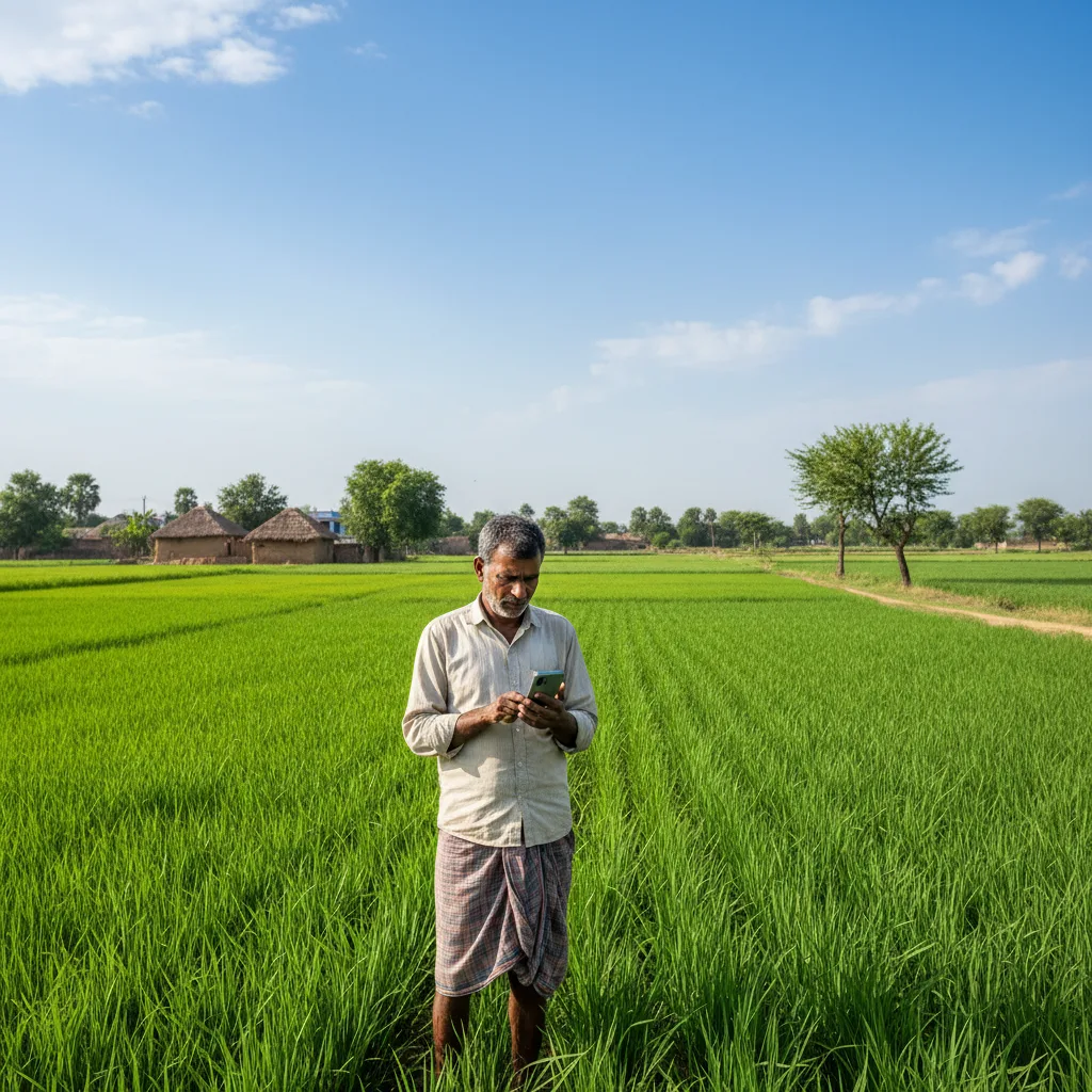 Agricultor indio usando un smartphone para monitorear cultivos en un campo.