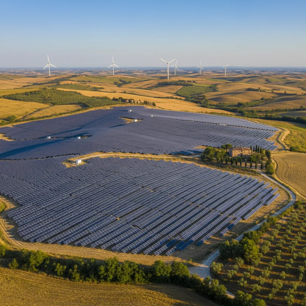 Solar panels and wind turbines in sunny Italian landscape.