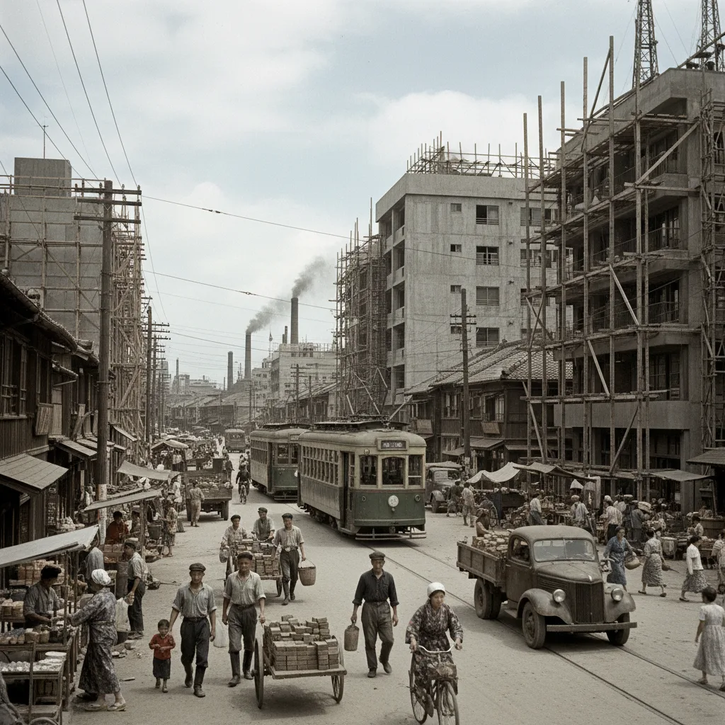 Japón de posguerra reconstruyéndose, industrialización, década de 1950.