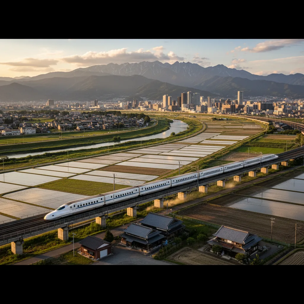 Tren bala Shinkansen japonés moderno acelerando a través de un paisaje.