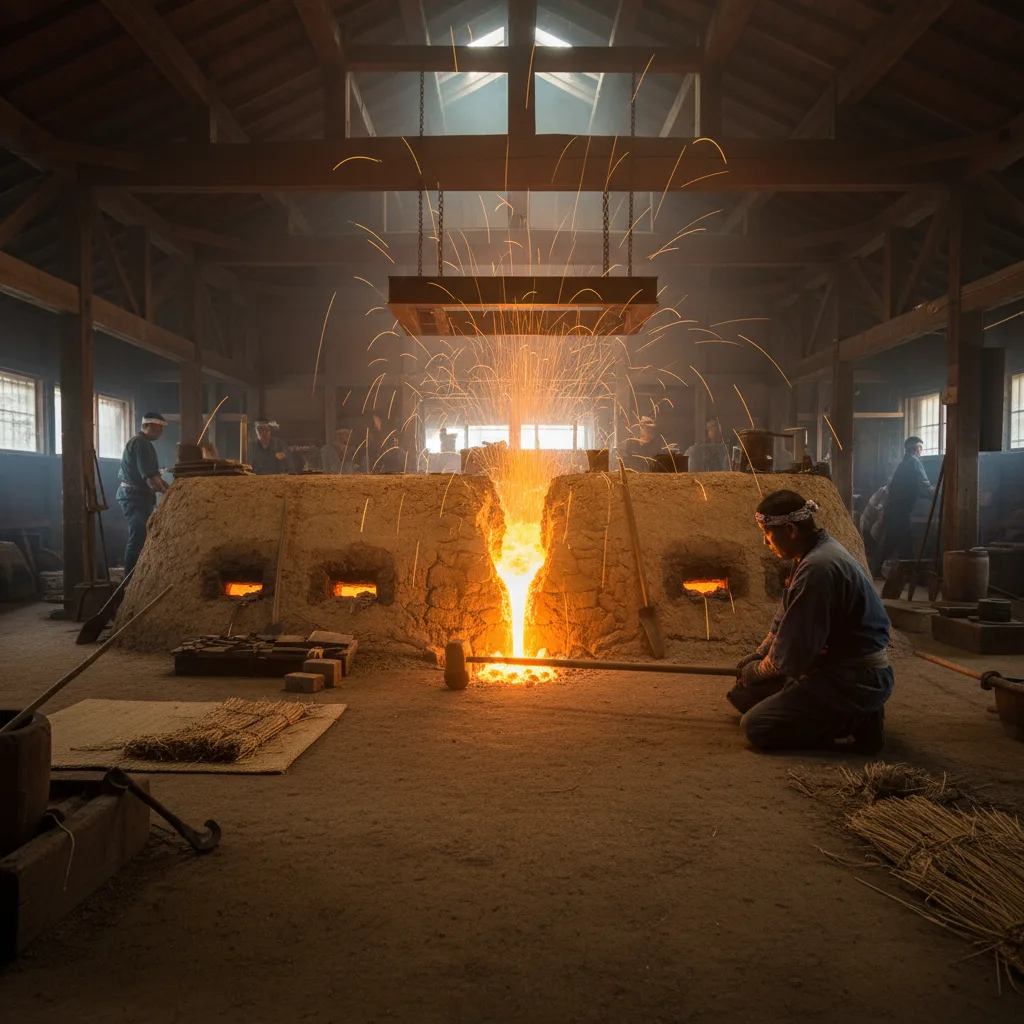 Four traditionnel tatara produisant de l'acier tamahagane pour le forgeage de katanas.