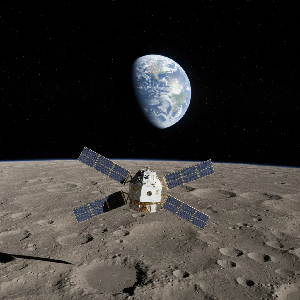 Le vaisseau spatial Orion en orbite autour de la Lune avec la Terre en arrière-plan.