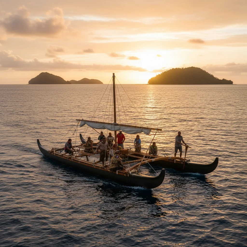 Navigatori polinesiani moderni navigano una canoa tradizionale nel Pacifico.