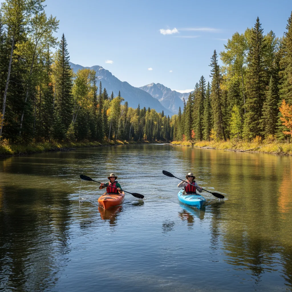 Moderni kayakisti esplorano un fiume panoramico nel West americano.