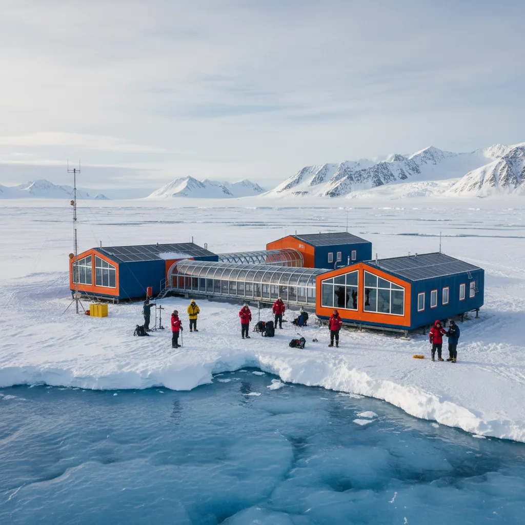 Ricercatori moderni in una stazione di ricerca scientifica antartica.