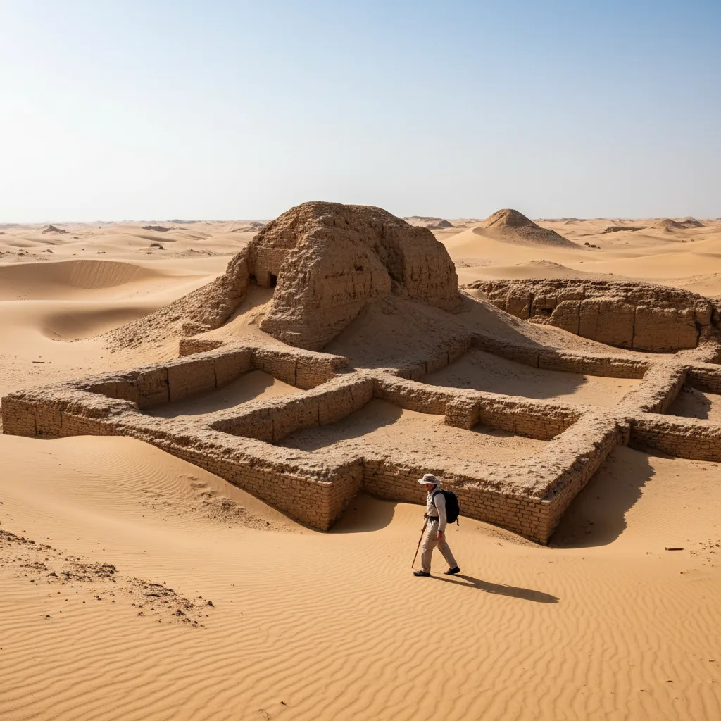 Antica città di mattoni di fango che si sgretola in un aspro paesaggio desertico.