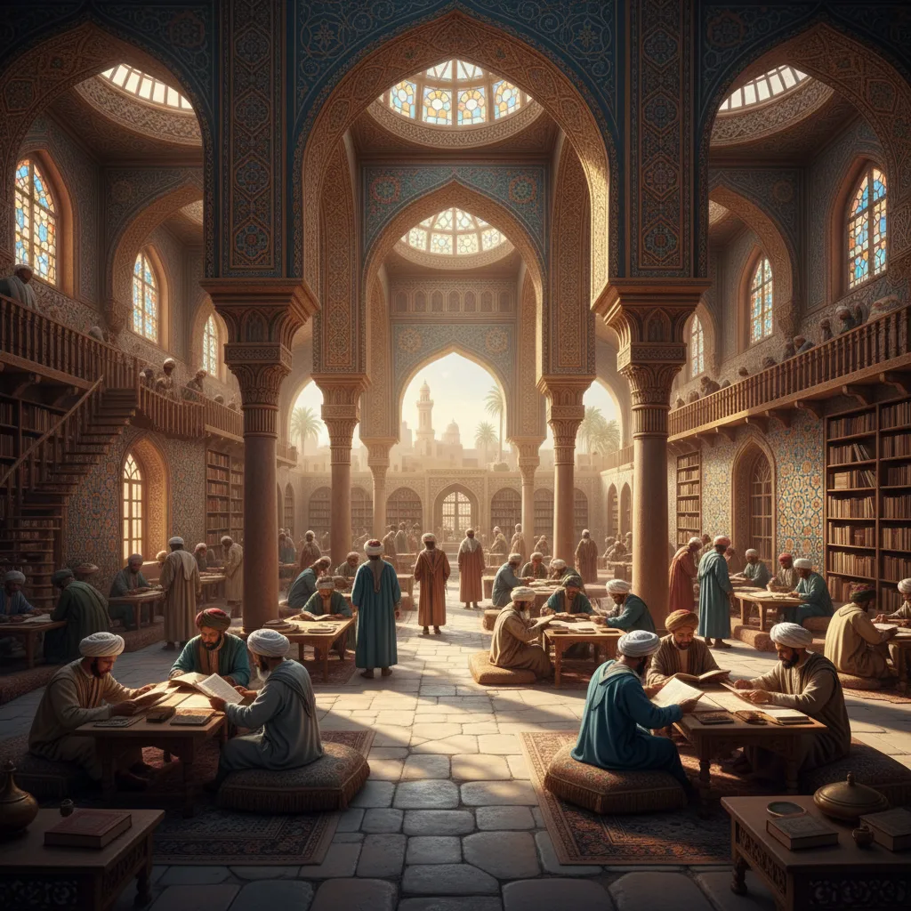 Premiers érudits islamiques étudiant des textes anciens dans une bibliothèque animée.