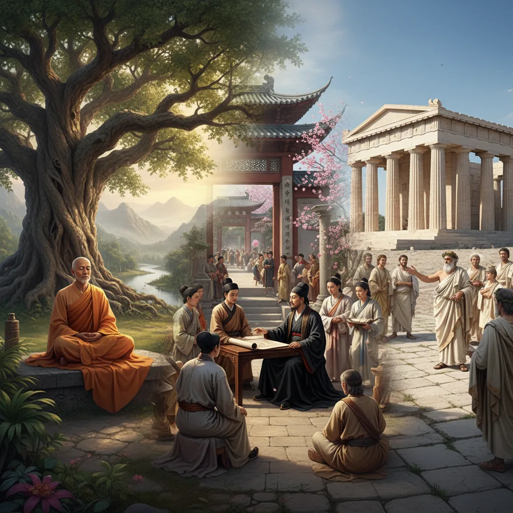 Philosophes anciens de diverses cultures contemplant la sagesse et la connaissance.
