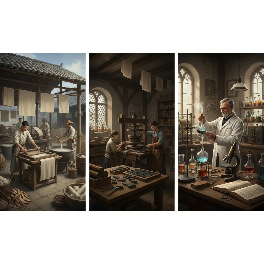 Innovations historiques clés : fabrication du papier, imprimerie et laboratoire scientifique.