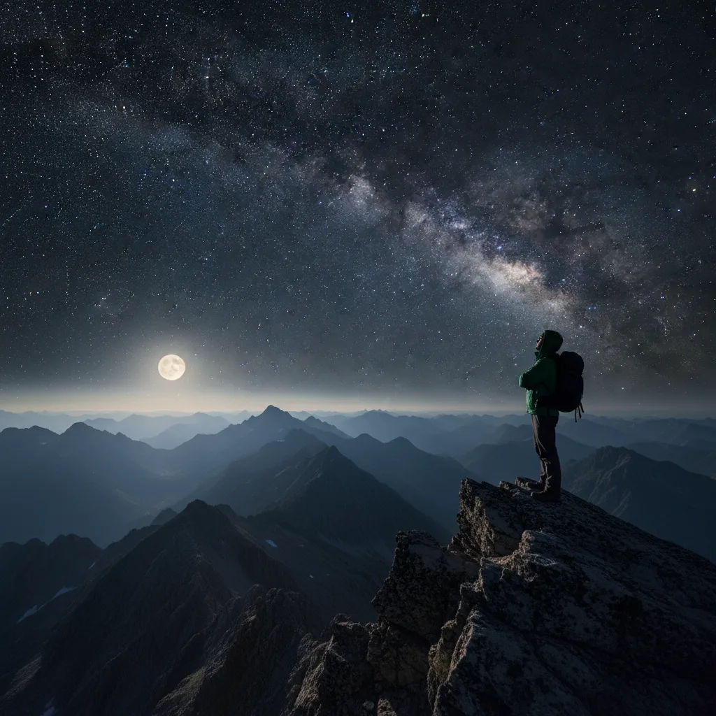 Personne contemplant un vaste ciel nocturne rempli d'étoiles.