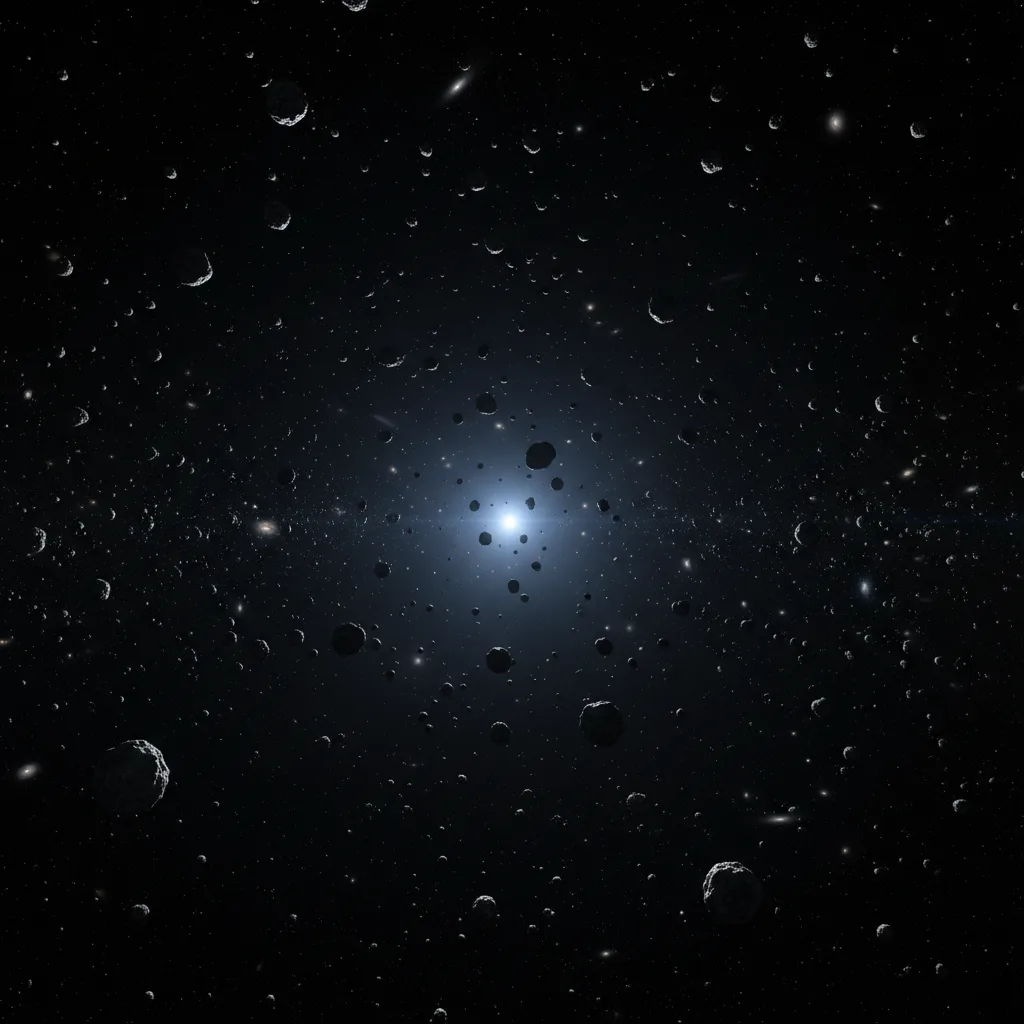 Vasta Nube de Oort, cometas helados orbitando un Sol distante.