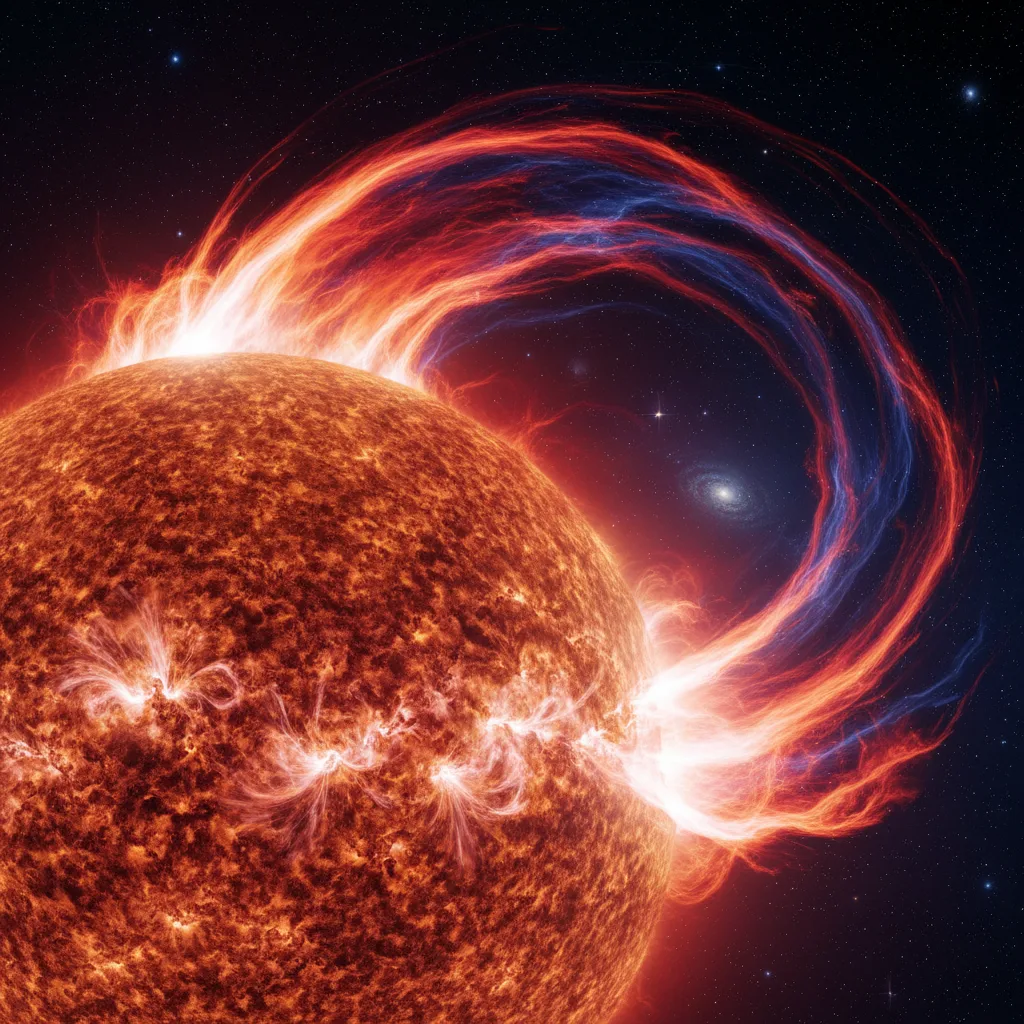 Potente llamarada solar erupcionando desde la superficie del Sol.