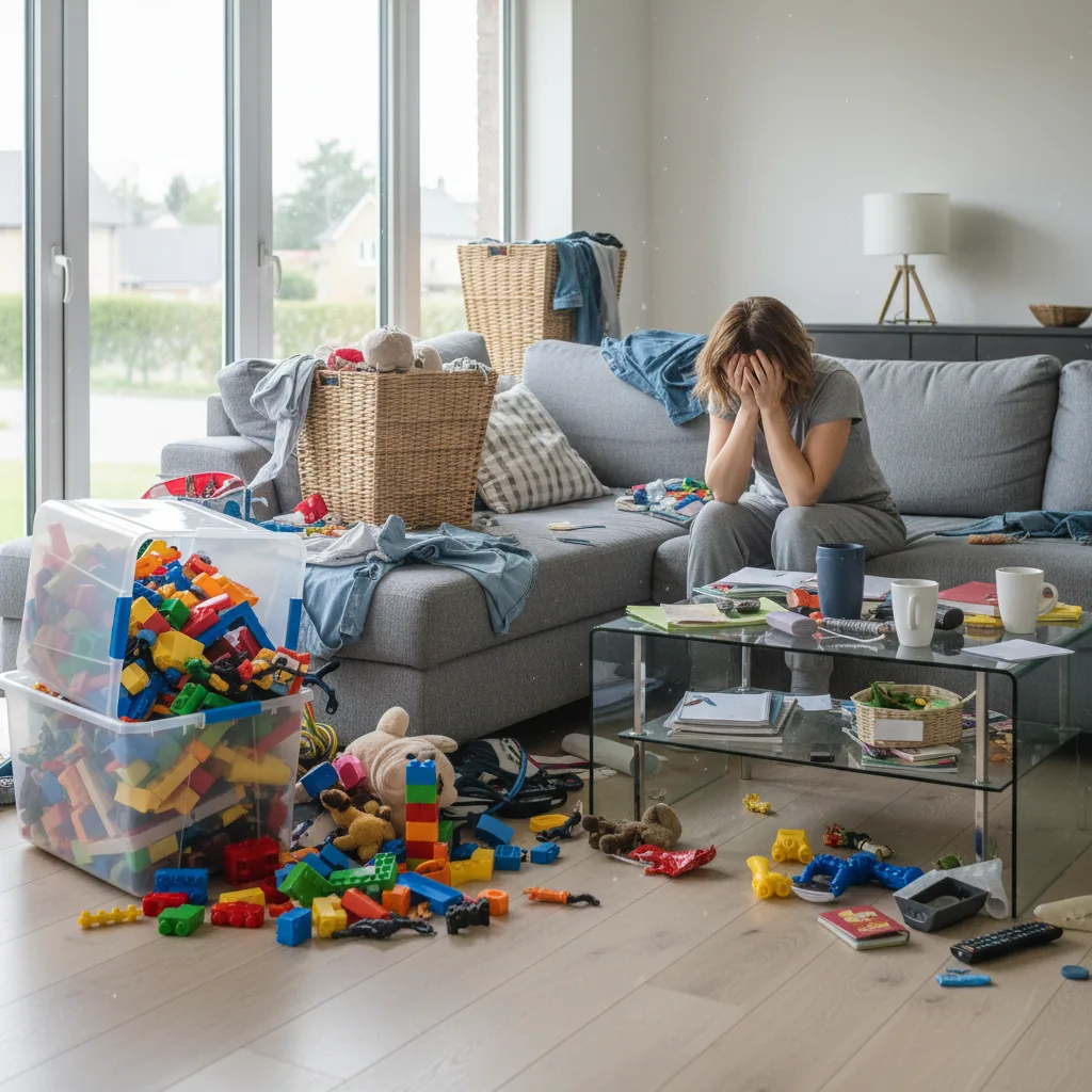 Mère débordée entourée de jouets et de désordre domestique.