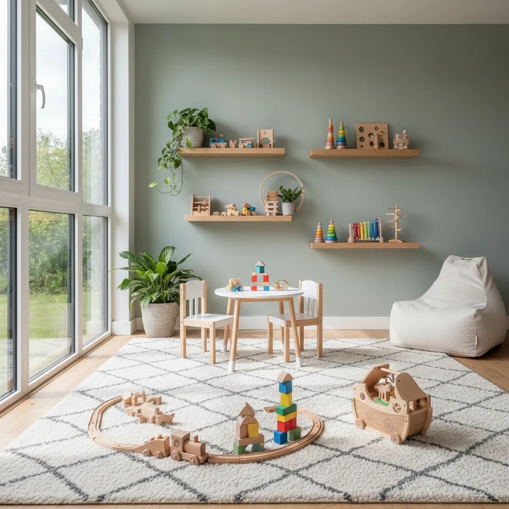 Espace de jeu calme et organisé pour enfants avec moins de jouets.