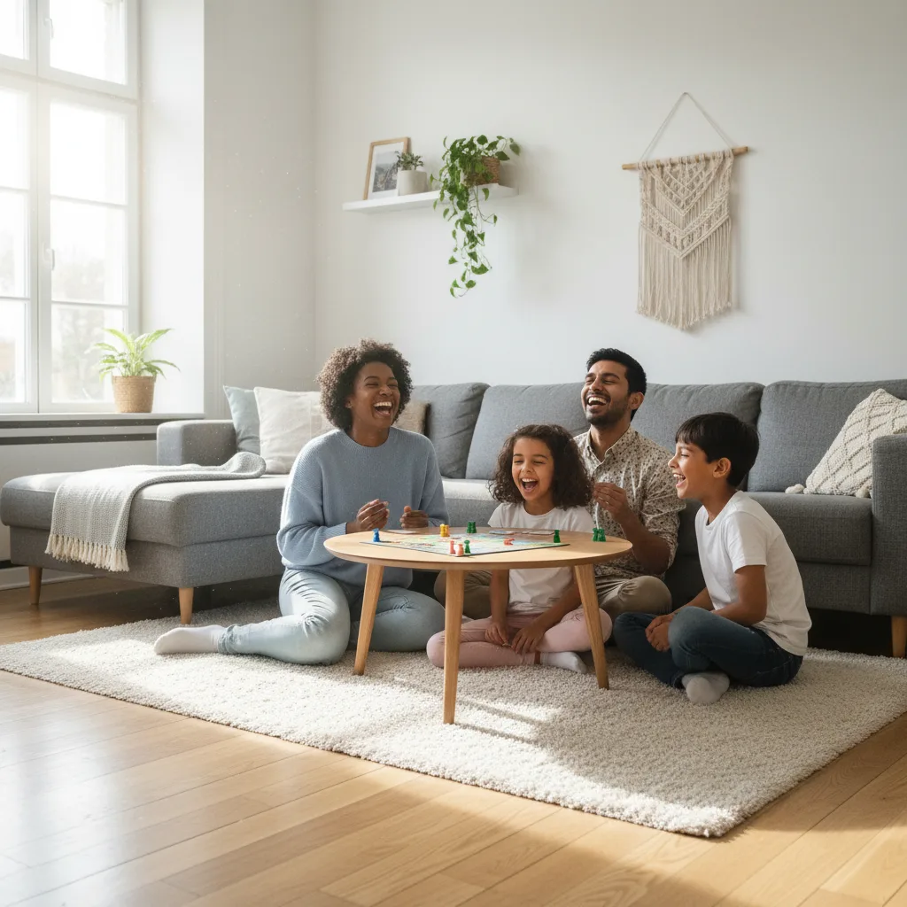 Famille joyeuse se connectant dans un salon paisible et rangé.